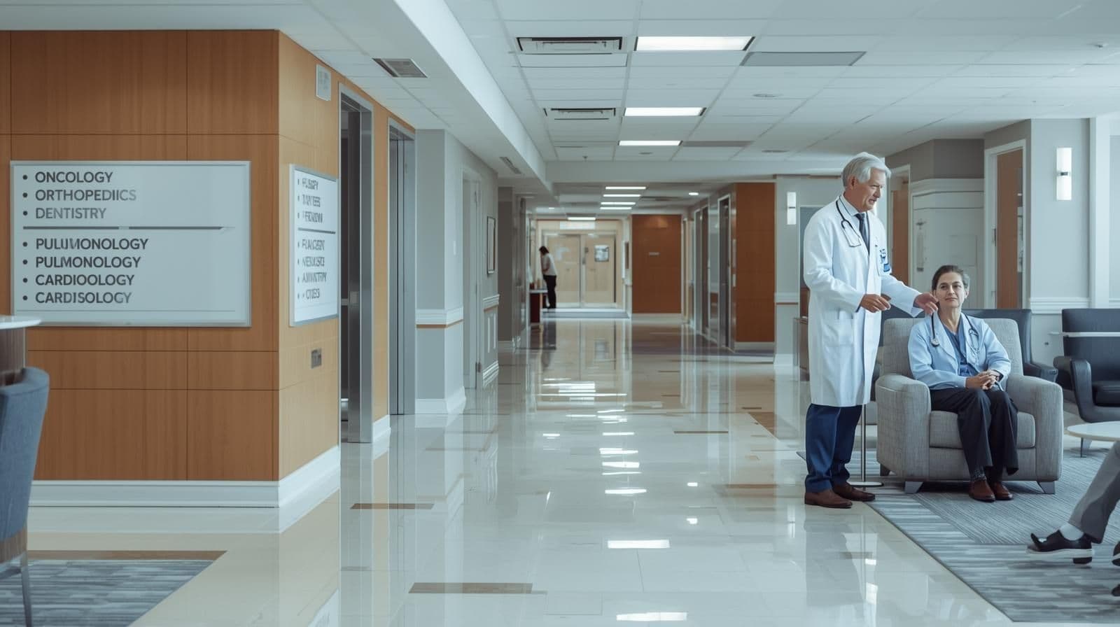 Doctor consulting with an international patient in a modern hospital lobby, with oncology, cardiology, and pulmonology departments, highlighting India’s advanced medical tourism facilities